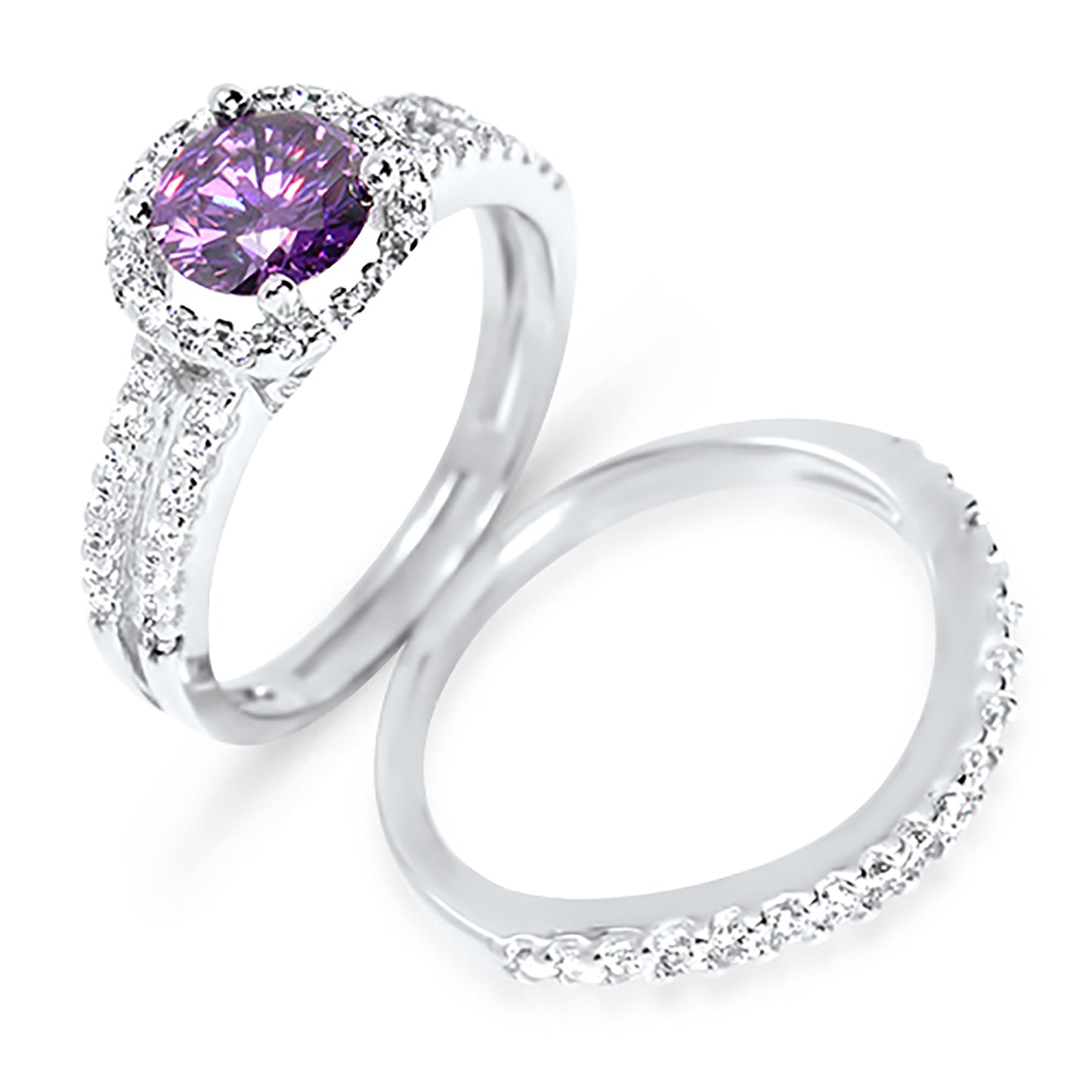 1.5 Carat Oval Purple CZ Silver Wedding Engagement Ring Set