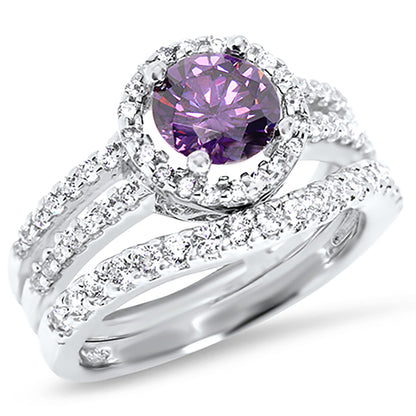 1.5 Carat Oval Purple CZ Silver Wedding Engagement Ring Set