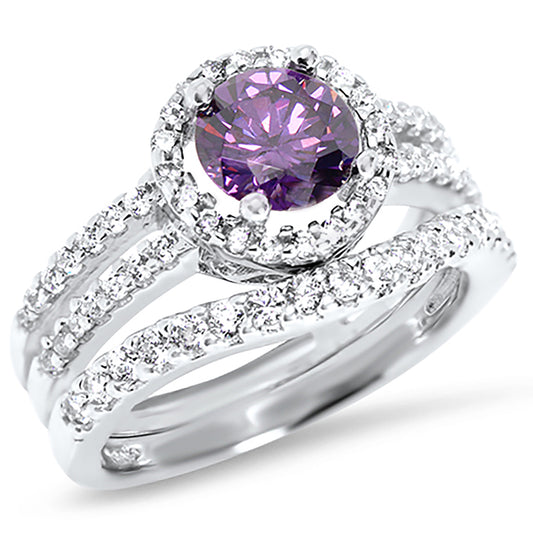 1.5 Carat Oval Purple CZ Silver Wedding Engagement Ring Set
