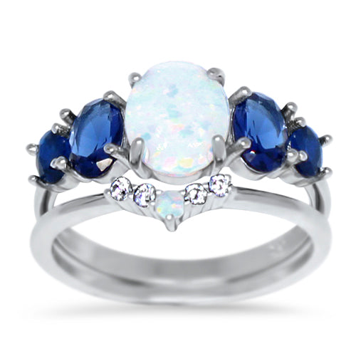 Oval Lab Created White Opal and Simulated Sapphire Sterling Silver Wedding Ring Set