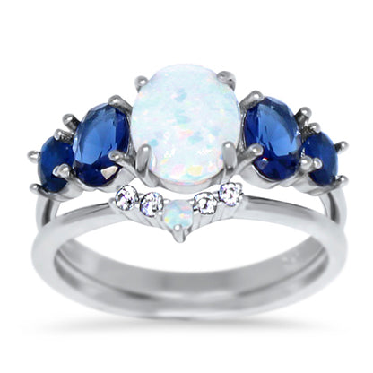 Oval Lab Created White Opal and Simulated Sapphire Sterling Silver Wedding Ring Set