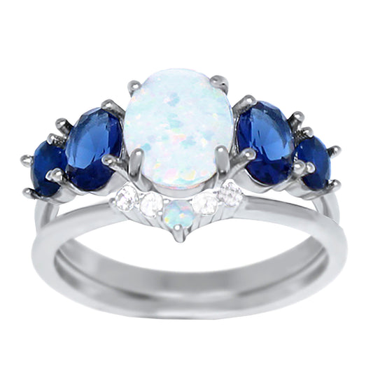 Oval Lab Created White Opal and Simulated Sapphire Sterling Silver Wedding Ring Set