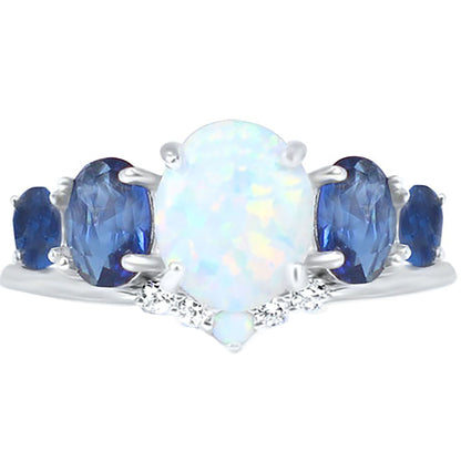 Oval Lab Created White Opal and Simulated Sapphire Sterling Silver Wedding Ring Set
