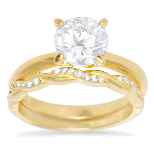 1 Carat Solitaire Round CZ Gold Plated Silver Wedding Engagement Ring Set
