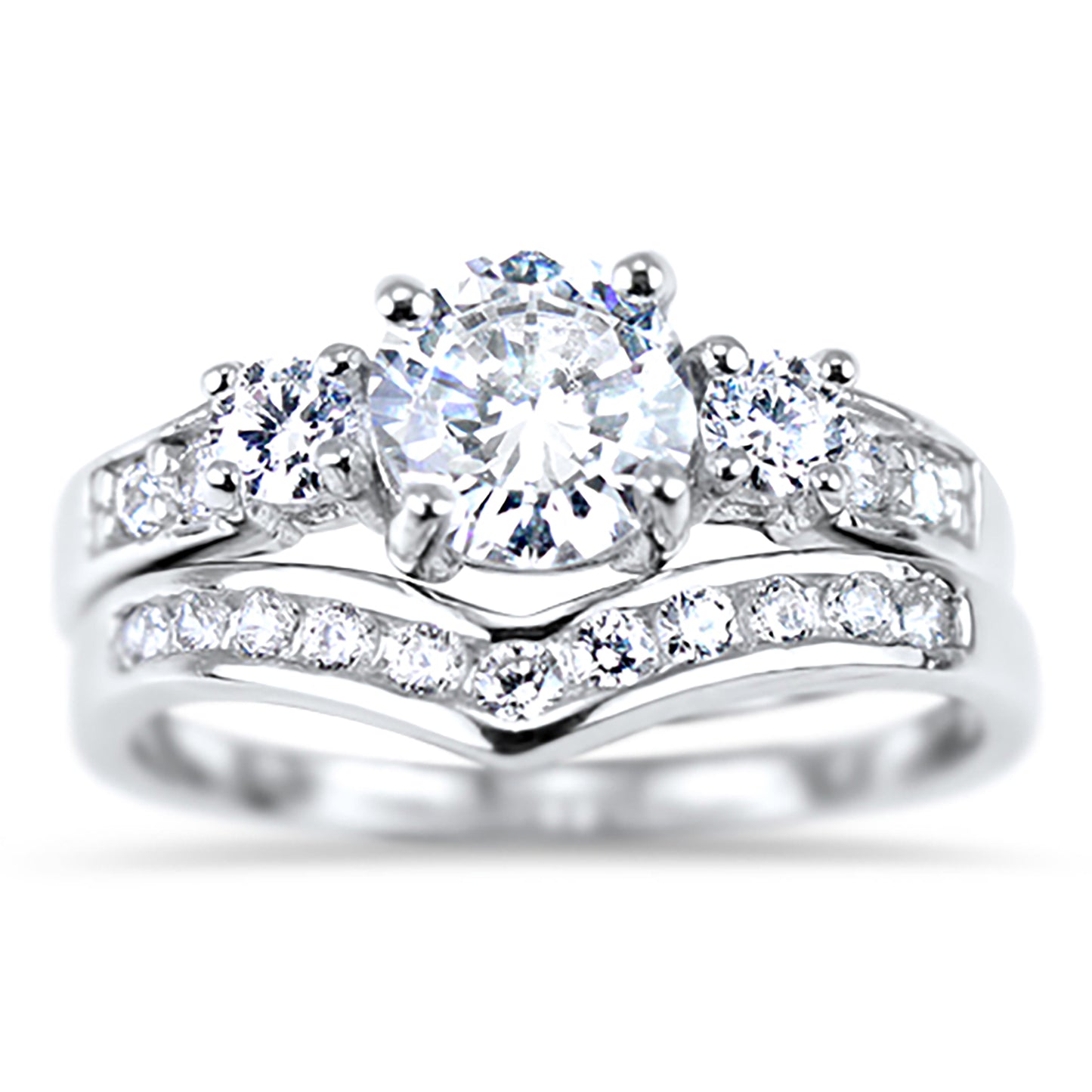 3/4 Carat Round Brilliant CZ 3 Stone Silver Wedding Ring Set