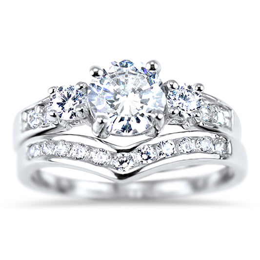 3/4 Carat Round Brilliant CZ 3 Stone Silver Wedding Ring Set