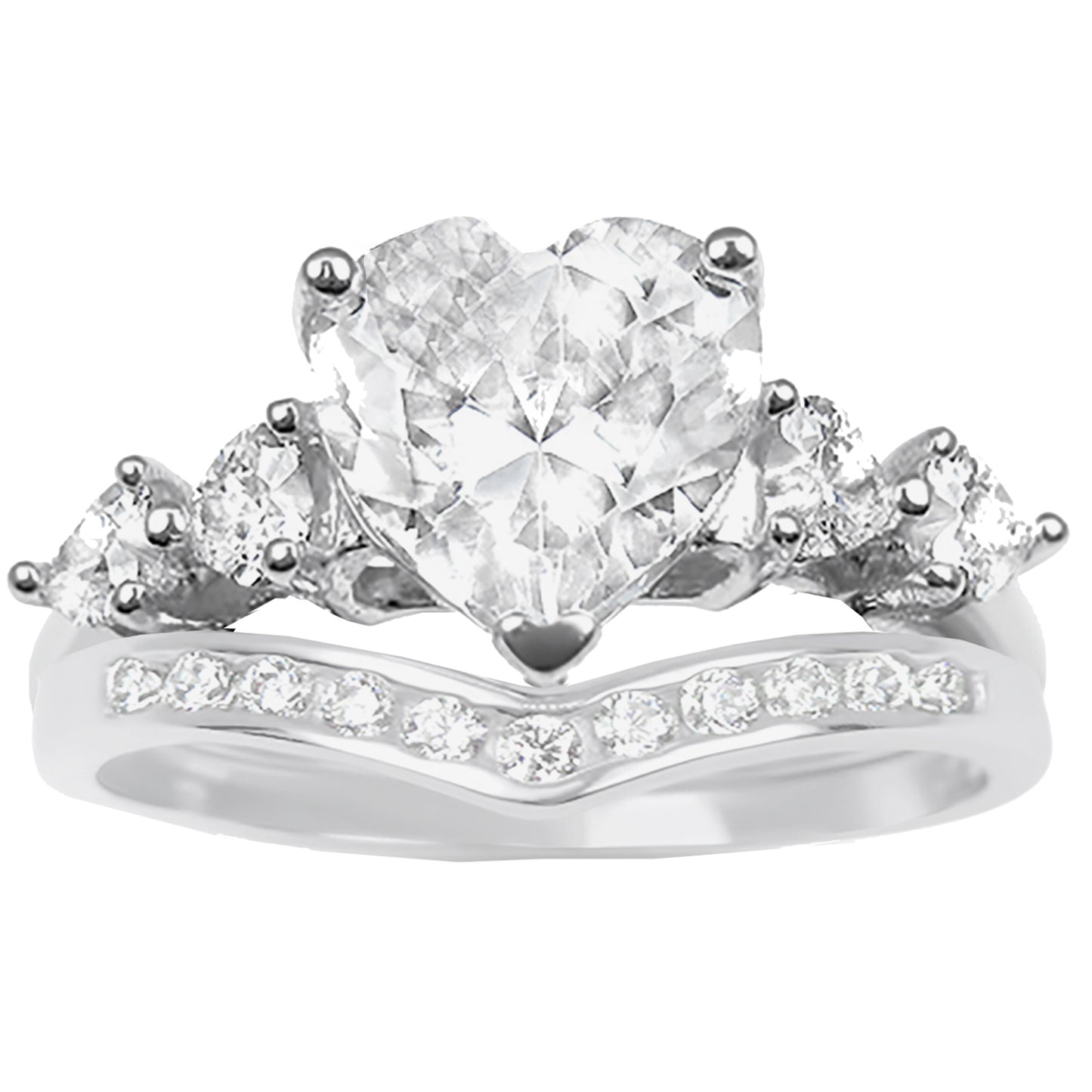 2 Carat Heart Cut CZ Silver Wedding Engagement Ring Set