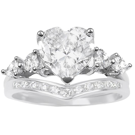 2 Carat Heart Cut CZ Silver Wedding Engagement Ring Set