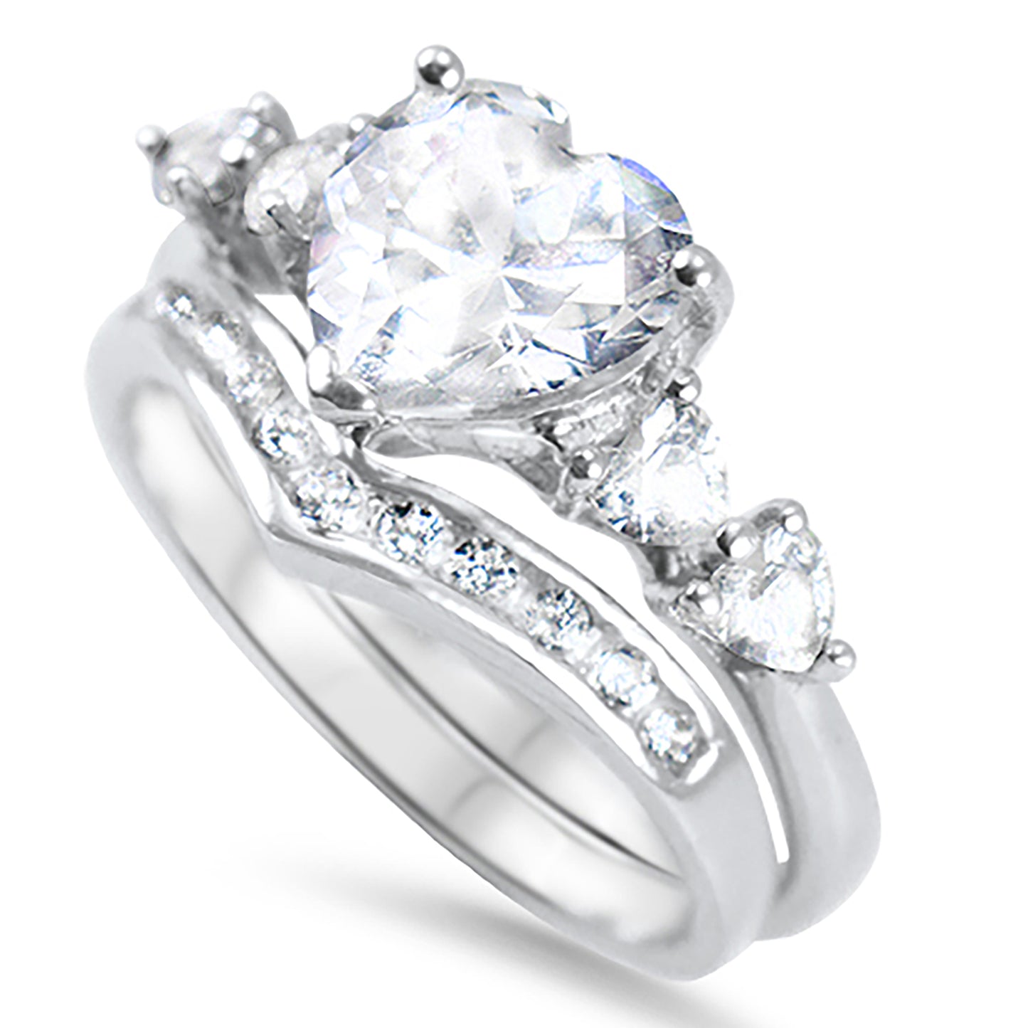 2 Carat Heart Cut CZ Silver Wedding Engagement Ring Set