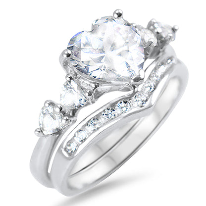 2 Carat Heart Cut CZ Silver Wedding Engagement Ring Set