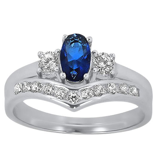 1/2 Carat Oval Blue CZ Simulated Sapphire Sterling Silver Wedding Engagement Ring Set