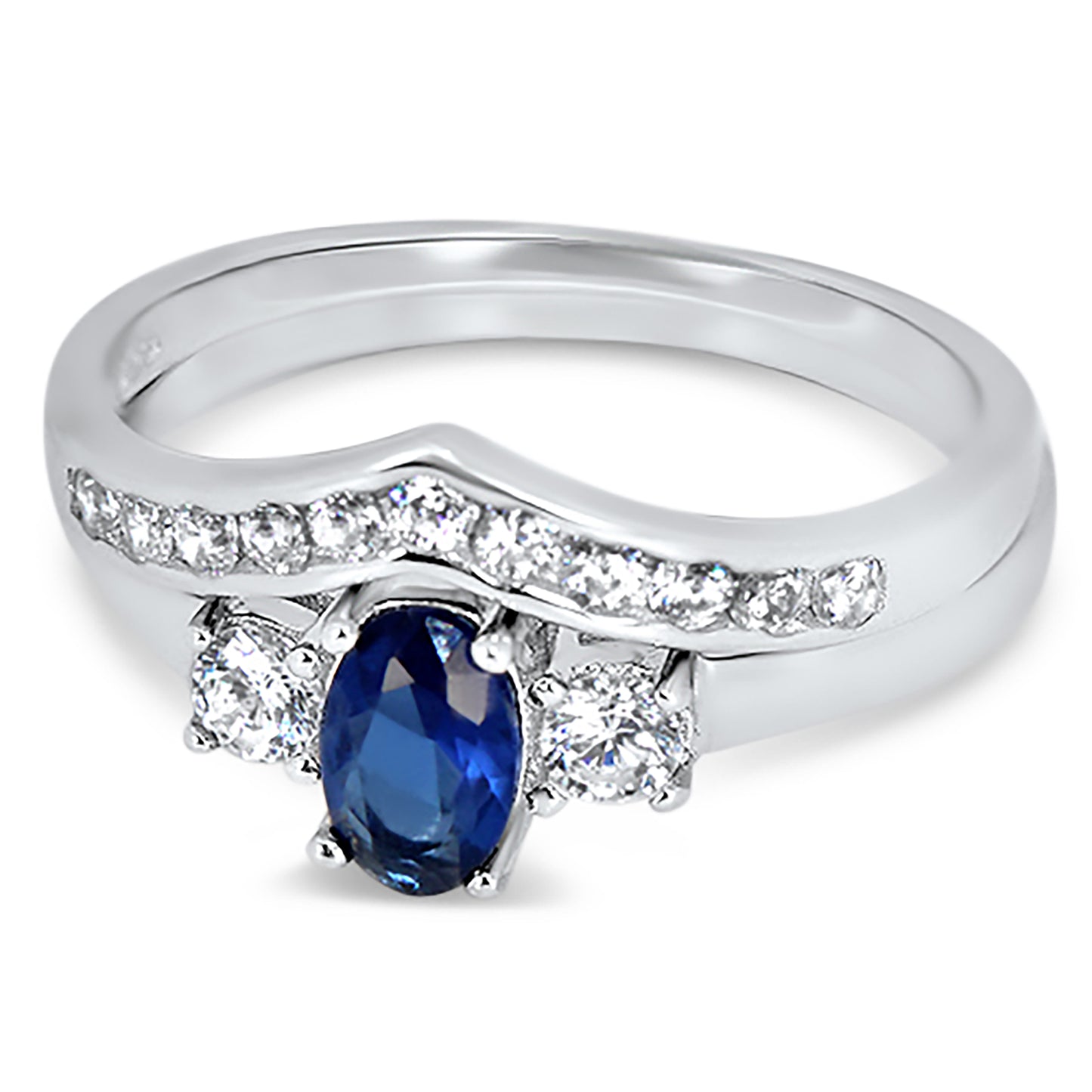 1/2 Carat Oval Blue CZ Simulated Sapphire Sterling Silver Wedding Engagement Ring Set