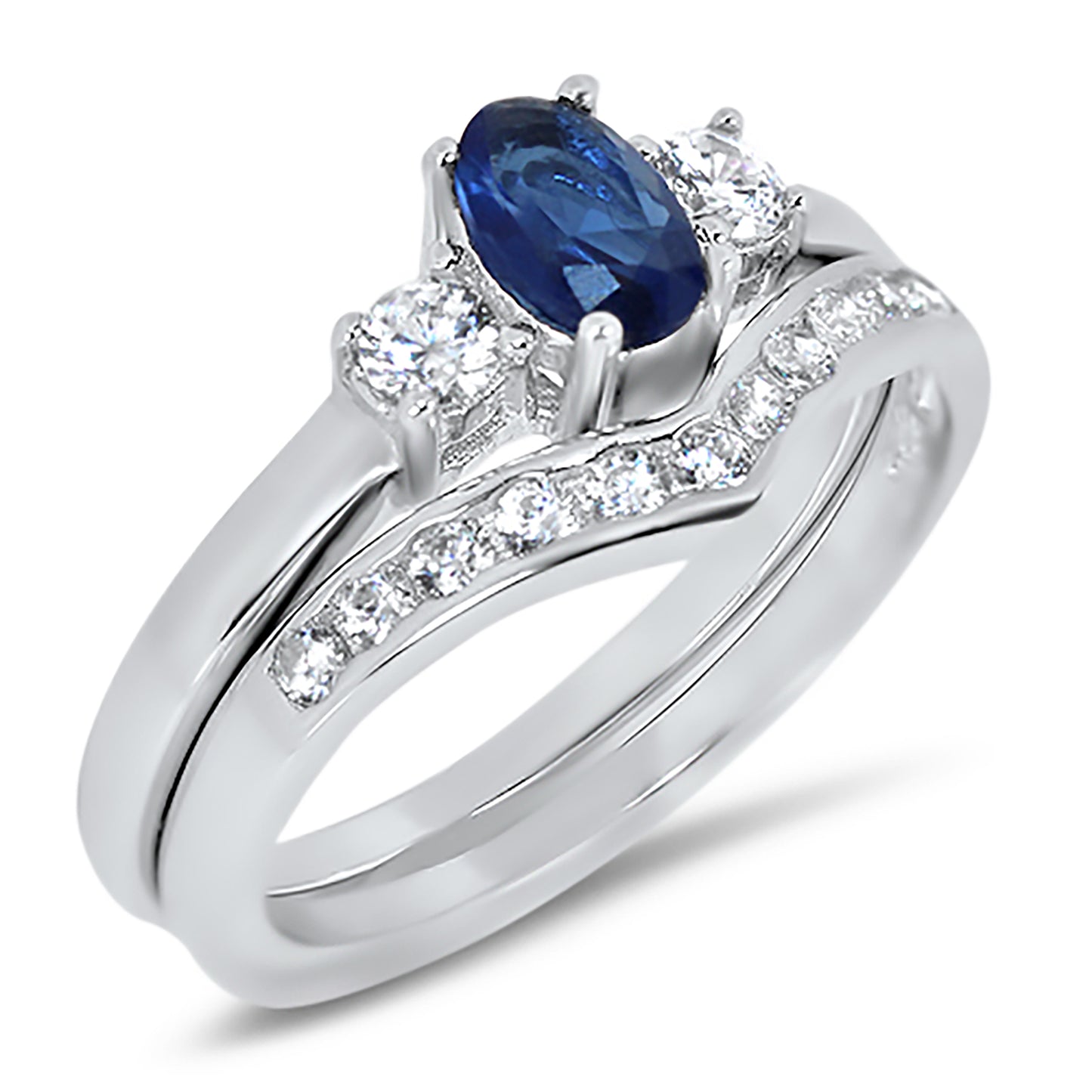 1/2 Carat Oval Blue CZ Simulated Sapphire Sterling Silver Wedding Engagement Ring Set