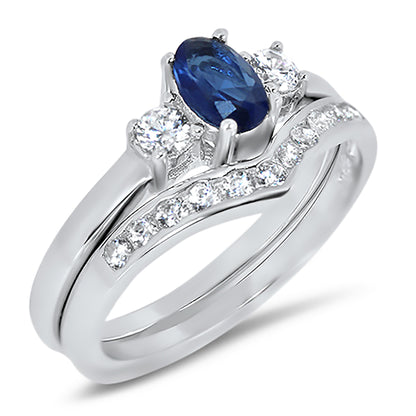 1/2 Carat Oval Blue CZ Simulated Sapphire Sterling Silver Wedding Engagement Ring Set