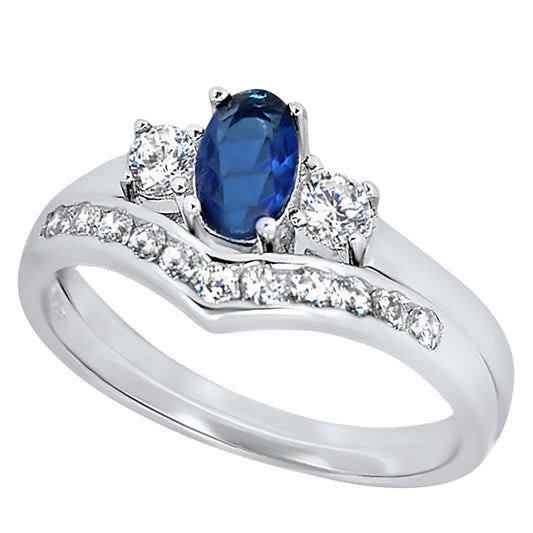 1/2 Carat Oval Blue CZ Simulated Sapphire Sterling Silver Wedding Engagement Ring Set