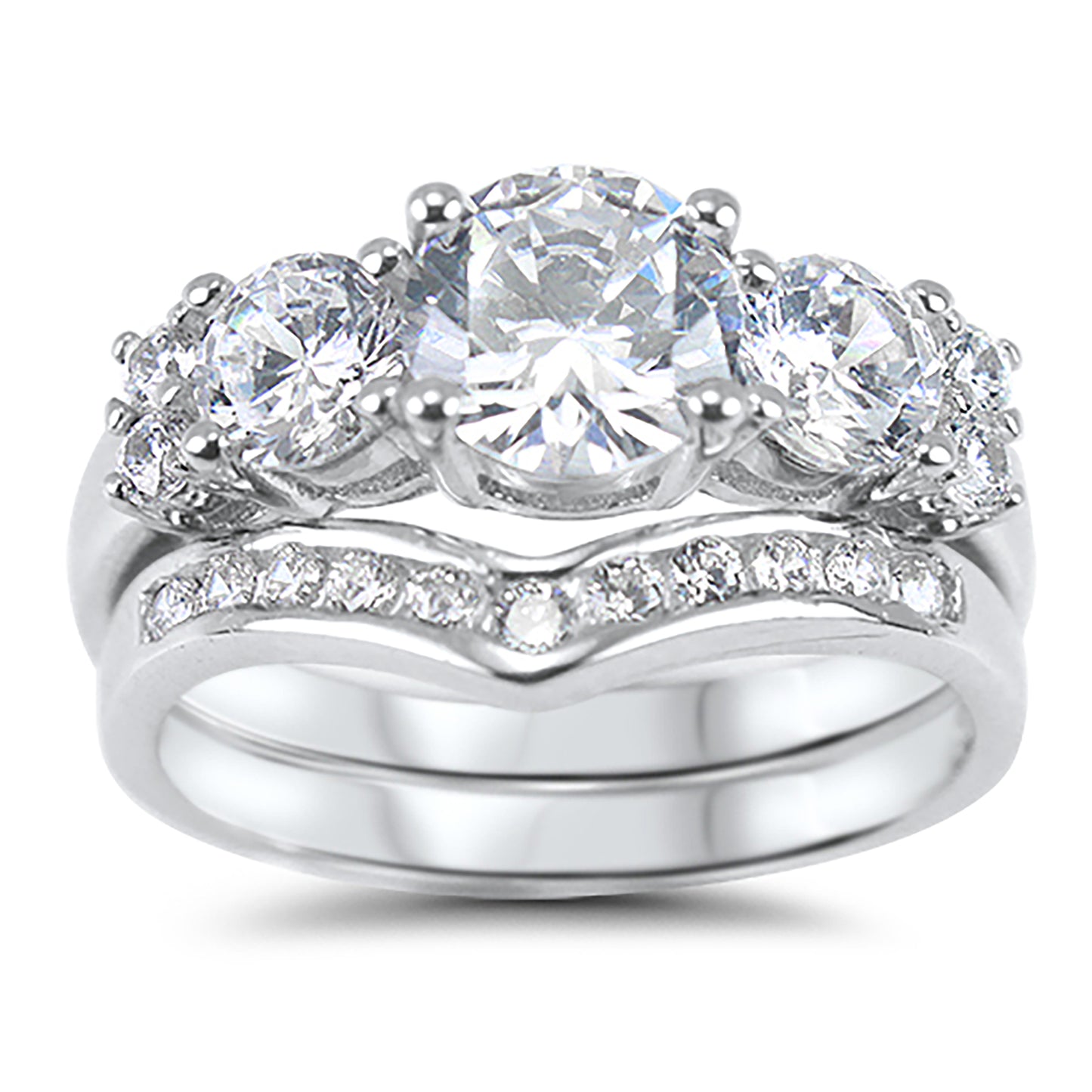3 Stone White CZ Round Silver Wedding Engagement Ring Set