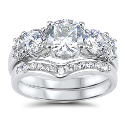 3 Stone White CZ Round Silver Wedding Engagement Ring Set