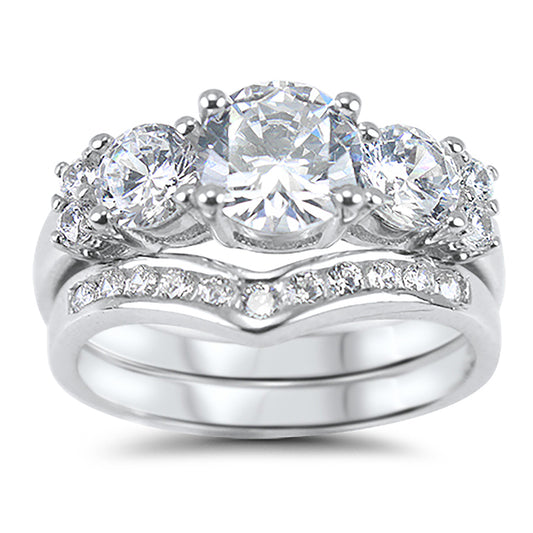 3 Stone White CZ Round Silver Wedding Engagement Ring Set