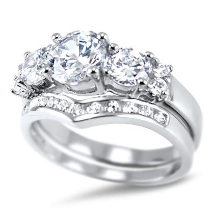 3 Stone White CZ Round Silver Wedding Engagement Ring Set