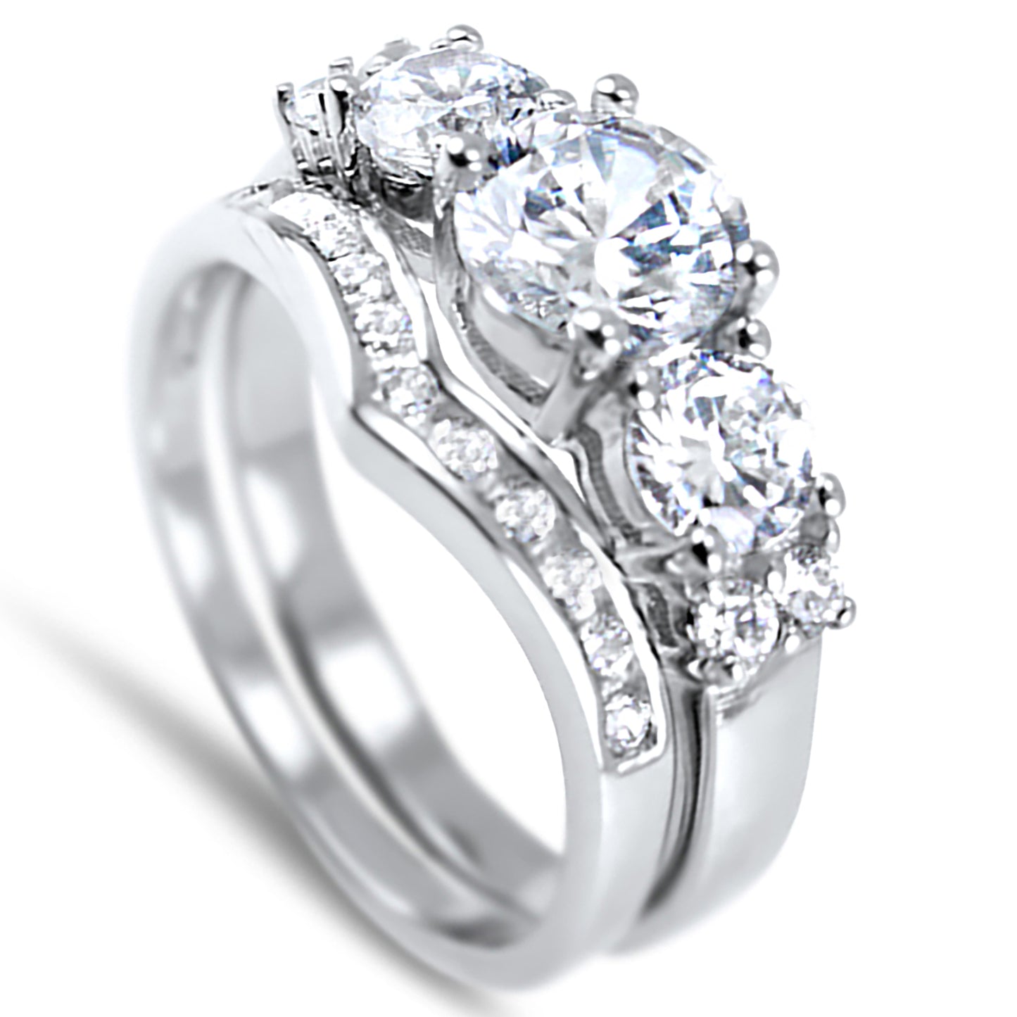 3 Stone White CZ Round Silver Wedding Engagement Ring Set