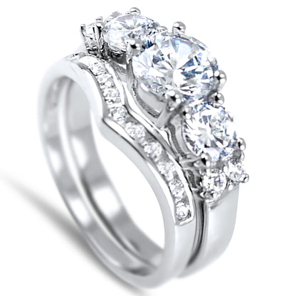 3 Stone White CZ Round Silver Wedding Engagement Ring Set