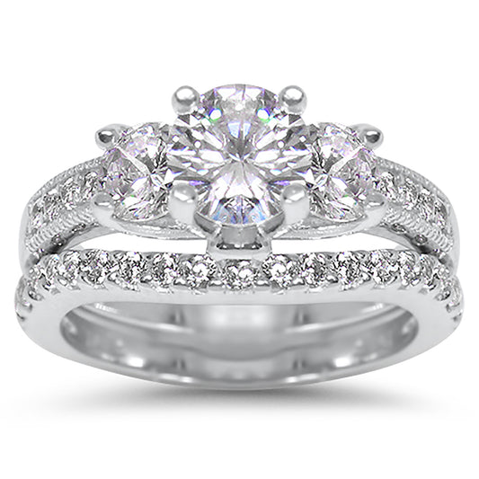 3 Stone Round Brilliant Cut CZ Silver Wedding Engagement Ring Set
