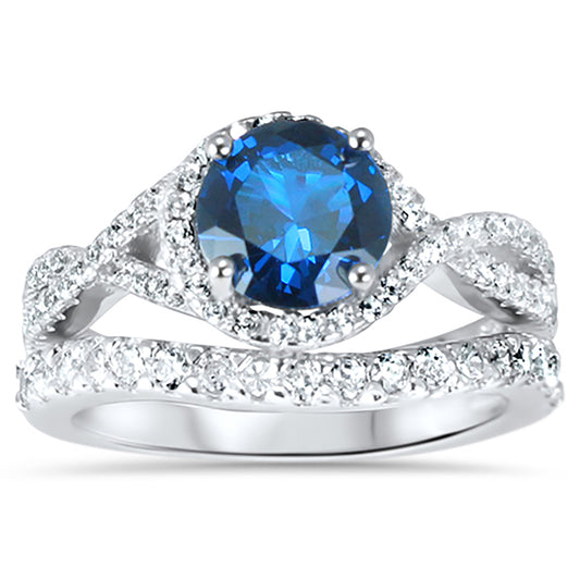 1 Carat Round Cut Blue Sapphire Color CZ Silver Wedding Ring Set