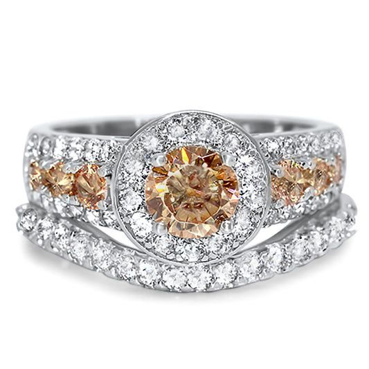1 Carat Round Brilliant Citrine Color CZ Wedding Engagement Ring Set