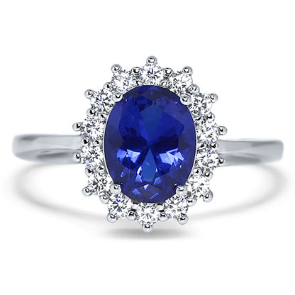 1 Carat Simulated Blue Sapphire Halo Setting Silver Wedding Engagement Ring Set