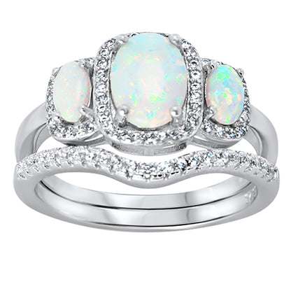 1 Carat White Opal Triple Halo Vintage Sterling Silver Wedding Engagement Ring Set