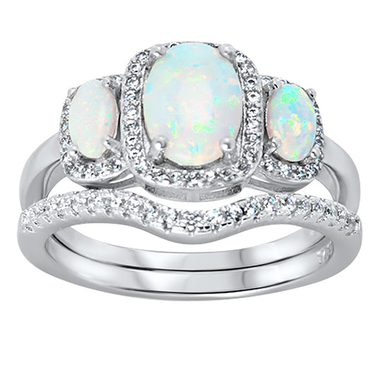 1 Carat White Opal Triple Halo Vintage Sterling Silver Wedding Engagement Ring Set
