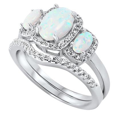 1 Carat White Opal Triple Halo Vintage Sterling Silver Wedding Engagement Ring Set
