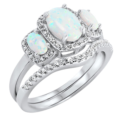 1 Carat White Opal Triple Halo Vintage Sterling Silver Wedding Engagement Ring Set