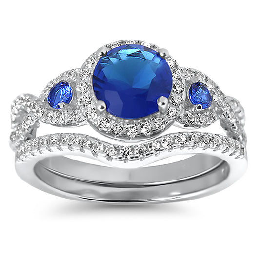 1.5 Carat Triple Halo Vintage Blue CZ Sterling Silver Wedding Ring Set