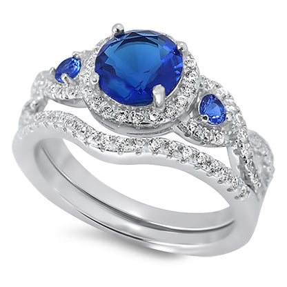 1.5 Carat Triple Halo Vintage Blue CZ Sterling Silver Wedding Ring Set
