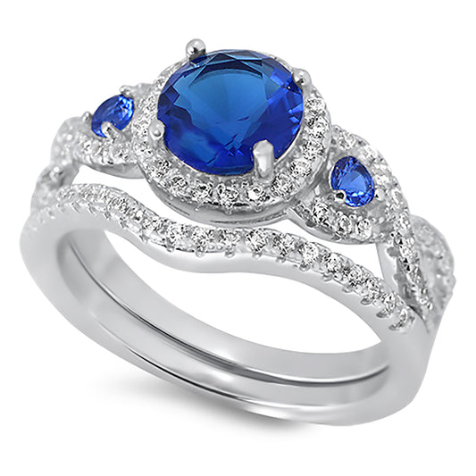 1.5 Carat Triple Halo Vintage Blue CZ Sterling Silver Wedding Ring Set