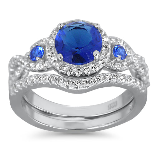 1.5 Carat Triple Halo Vintage Blue CZ Sterling Silver Wedding Ring Set