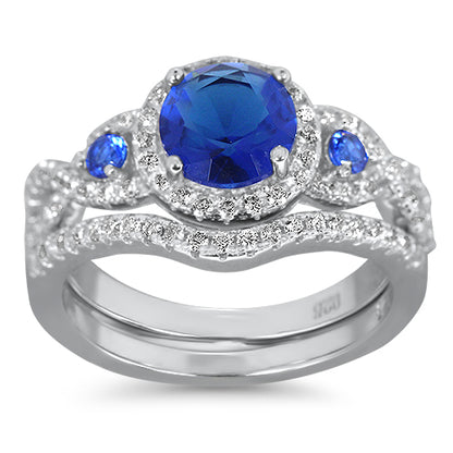 1.5 Carat Triple Halo Vintage Blue CZ Sterling Silver Wedding Ring Set