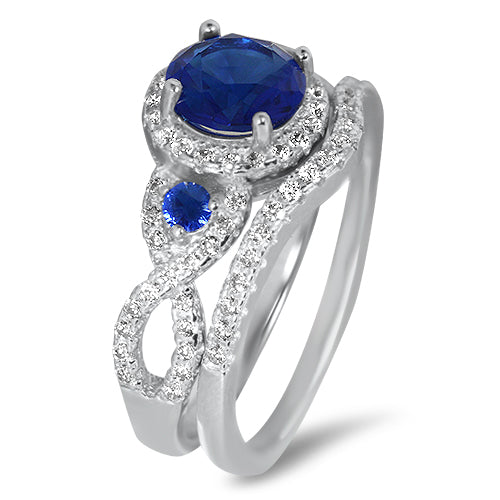 1.5 Carat Triple Halo Vintage Blue CZ Sterling Silver Wedding Ring Set