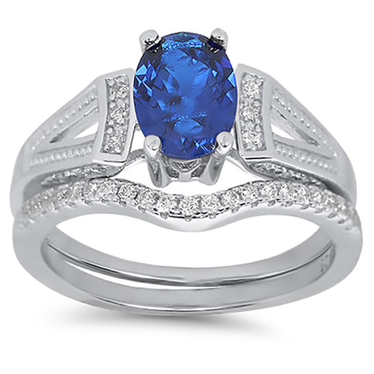1 Carat Oval Blue White CZ Wedding Engagement Ring Set