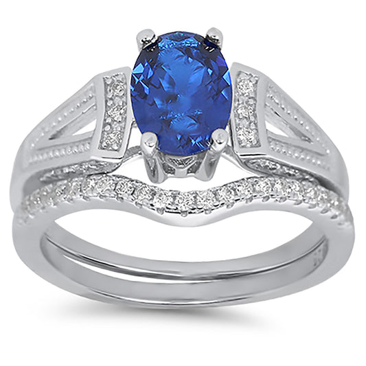 1 Carat Oval Blue White CZ Wedding Engagement Ring Set