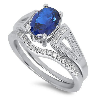 1 Carat Oval Blue White CZ Wedding Engagement Ring Set