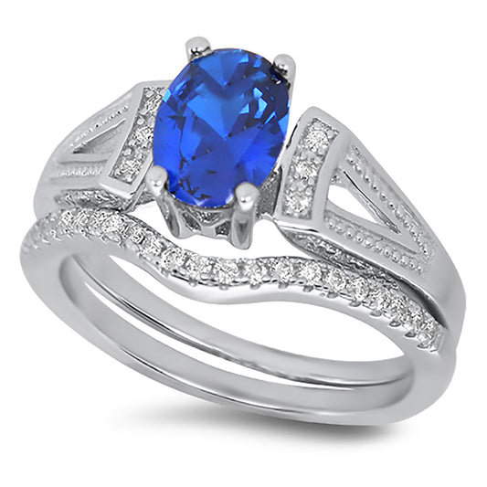 1 Carat Oval Blue White CZ Wedding Engagement Ring Set