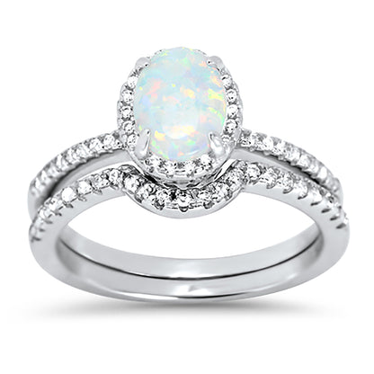 1 Carat Oval Lab Created White Opal Sterling Silver CZ Wedding Engagement Ring Set for Women