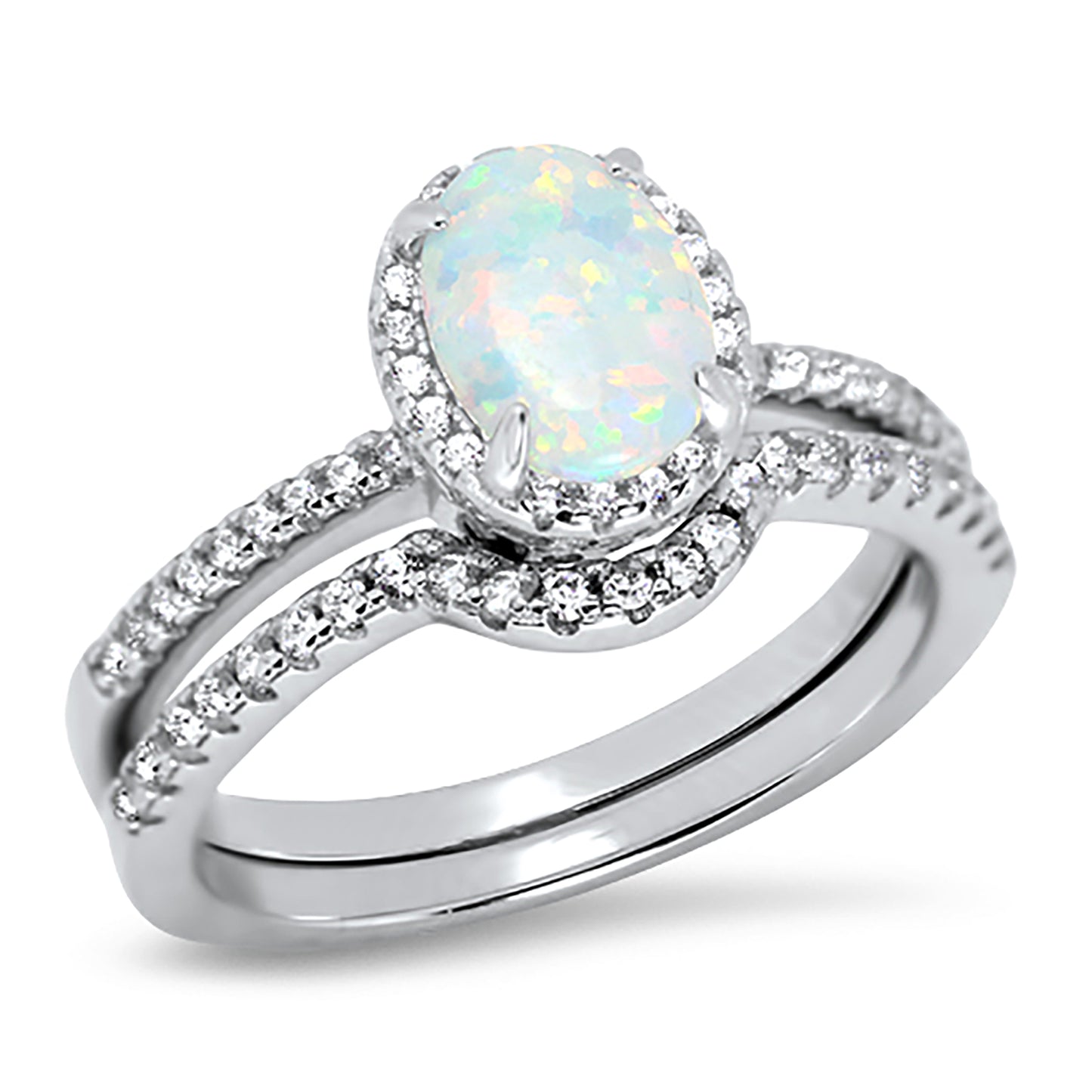 1 Carat Oval Lab Created White Opal Sterling Silver CZ Wedding Engagement Ring Set for Women