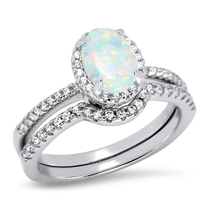 1 Carat Oval Lab Created White Opal Sterling Silver CZ Wedding Engagement Ring Set for Women