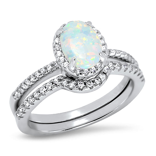 1 Carat Oval Lab Created White Opal Sterling Silver CZ Wedding Engagement Ring Set for Women