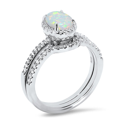 1 Carat Oval Lab Created White Opal Sterling Silver CZ Wedding Engagement Ring Set for Women