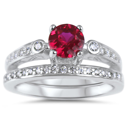 .75 Carat Red CZ Simulated Ruby Three Stone Silver Wedding Ring Set