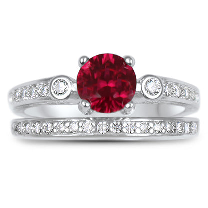 .75 Carat Red CZ Simulated Ruby Three Stone Silver Wedding Ring Set